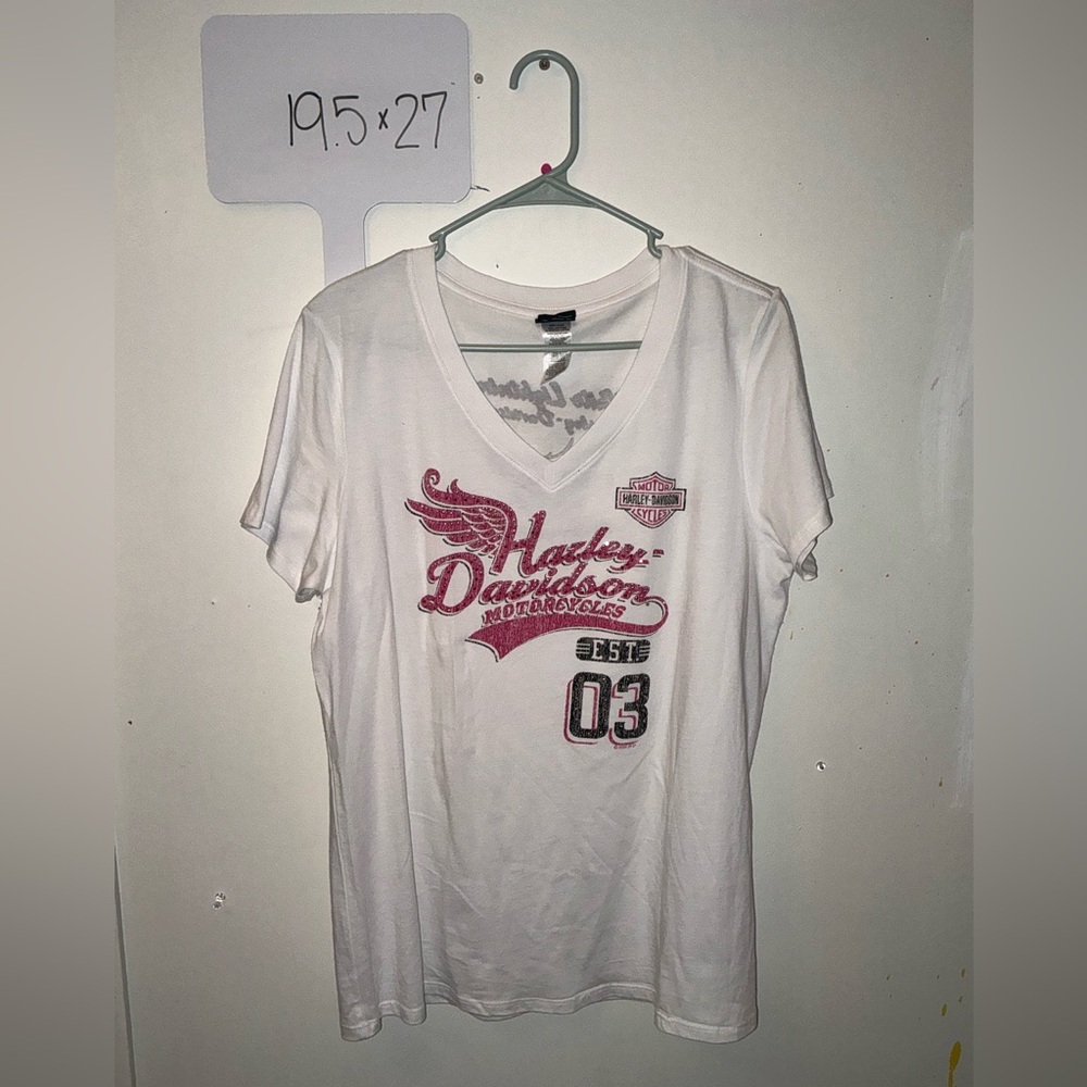 Harley-Davidson White and Pink Tee With Rhinestones